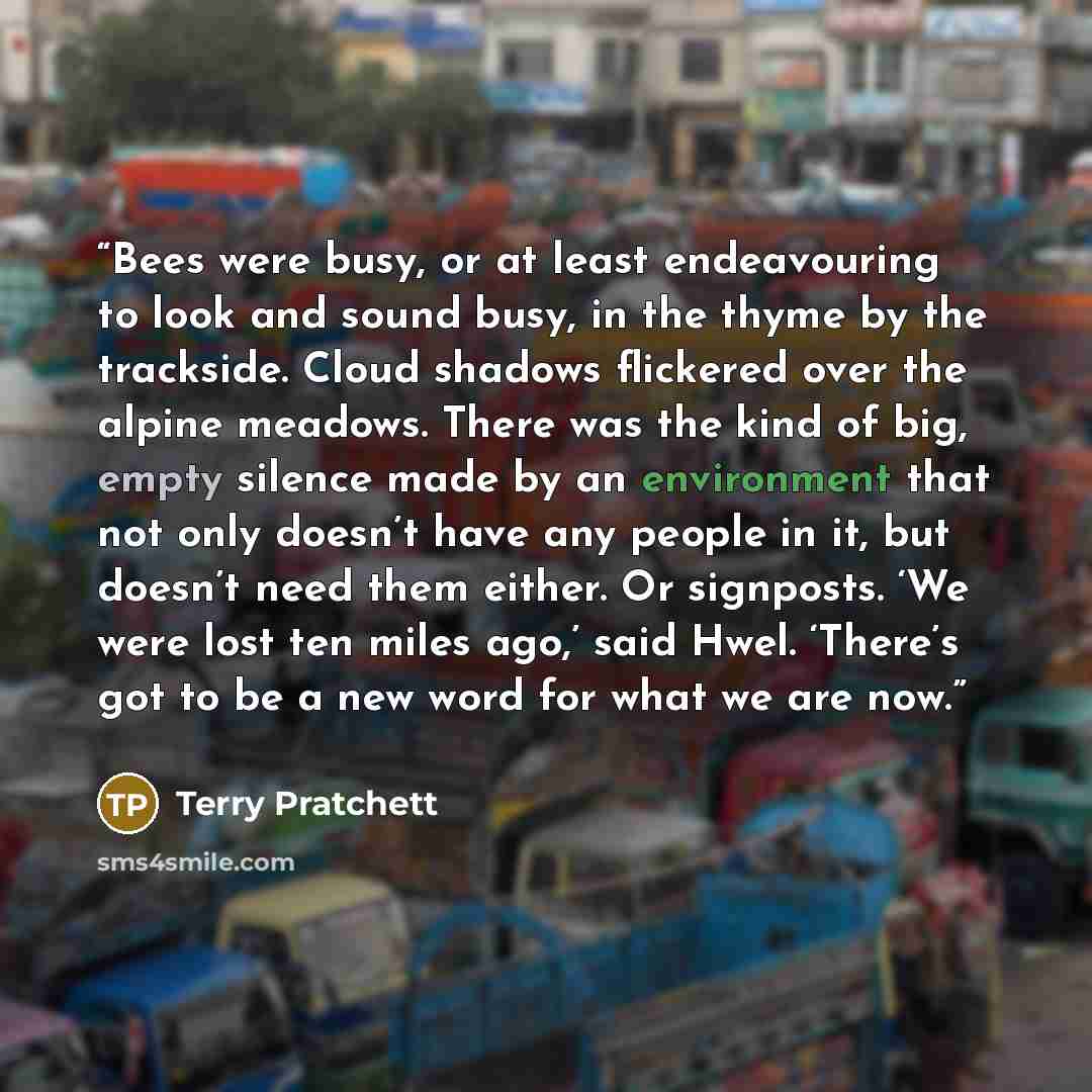 “Bees were busy, or at least endeavouring to look and sound busy, in the thyme by the trackside. Cloud shadows flickered over the alpine meadows. There was the kind of big, empty silence made by an environment that not only doesn’t have any people in it, but doesn’t need them either. Or signposts…” quote by Terry Pratchett