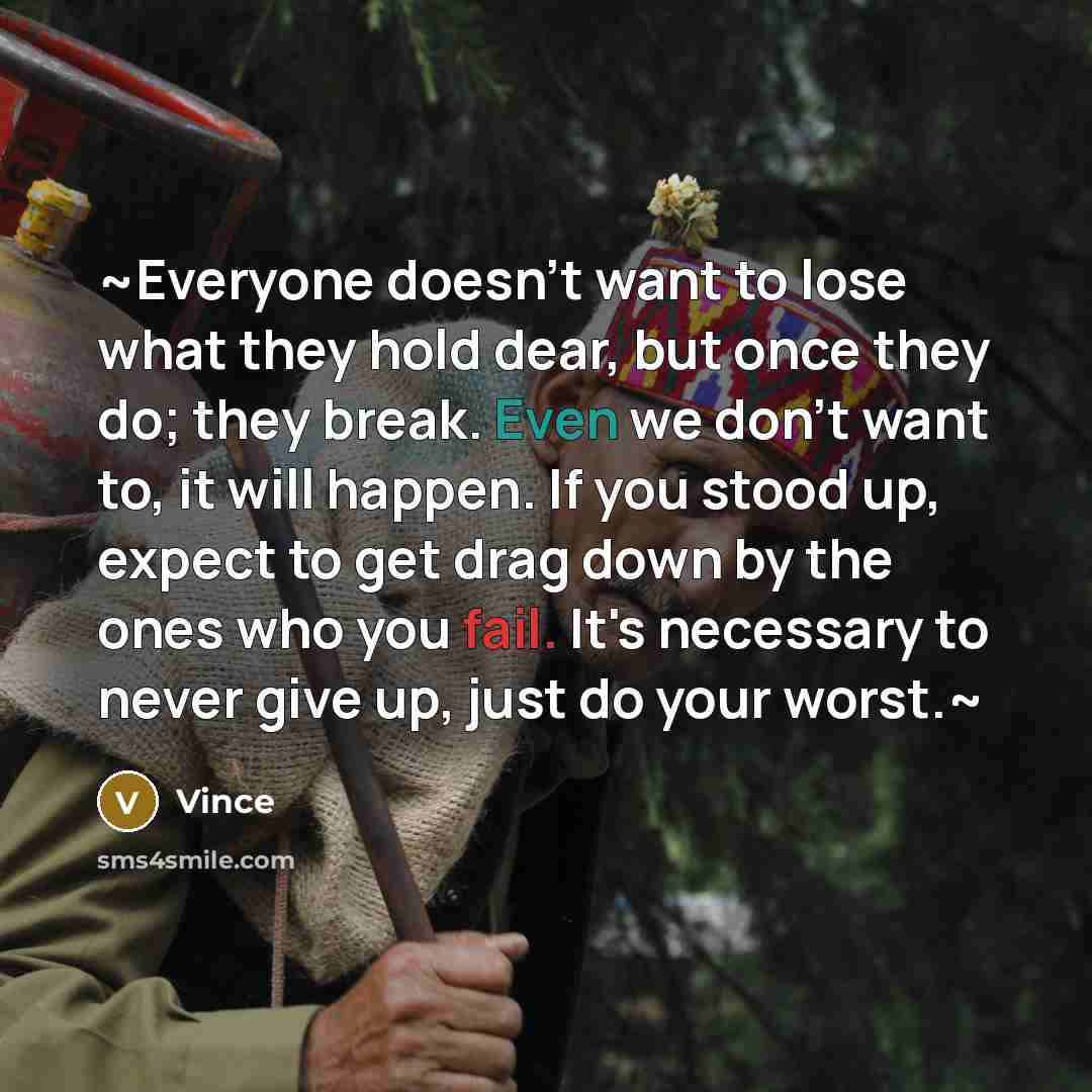 “~Everyone doesn't want to lose what they hold dear, but once they do; they break. Even we don't want to, it will happen. If you stood up, expect to get drag down by the ones who you fail. It's necessary to never give up, just do your worst.~” quote by Vince