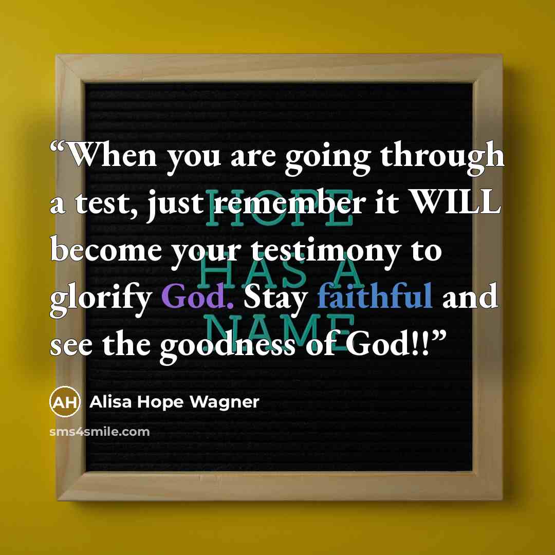 “When you are going through a test, just remember it WILL become your testimony to glorify God. Stay faithful and see the goodness of God!!” quote by Alisa Hope Wagner