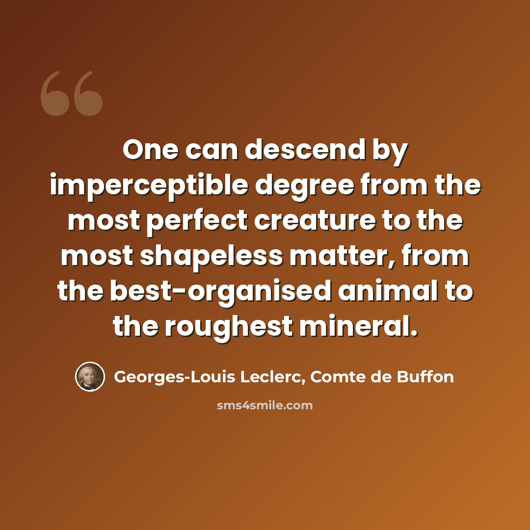 “One can descend by imperceptible degree from the most perfect creature to the most shapeless matter, from the best-organised animal to the roughest mineral.” quote by Georges-Louis Leclerc, Comte de Buffon