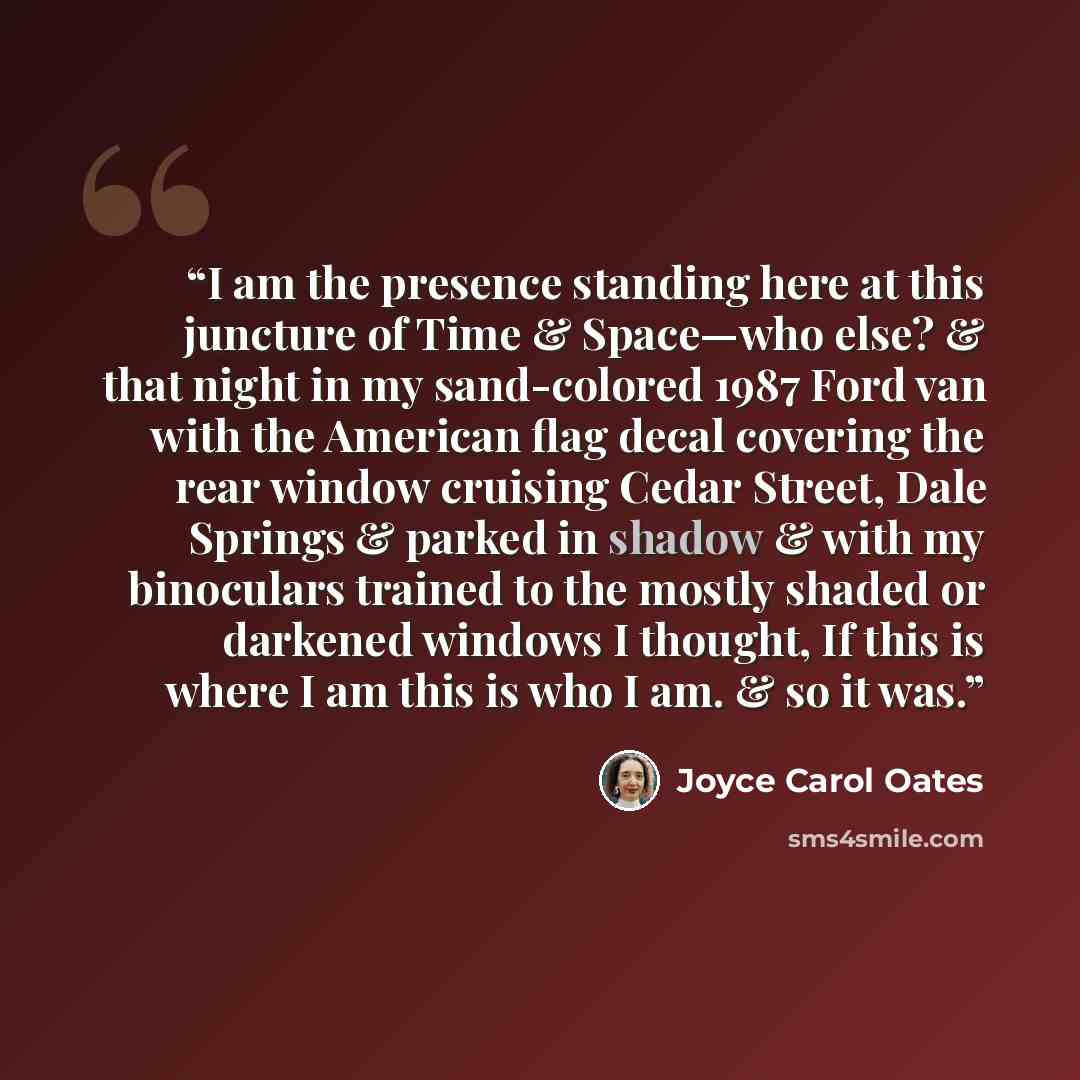 “I am the presence standing here at this juncture of Time & Space—who else? & that night in my sand-colored 1987 Ford van with the American flag decal covering the rear window cruising Cedar Street, Dale Springs & parked in shadow & with my binoculars trained to the mostly shaded or darkened…” quote by Joyce Carol Oates