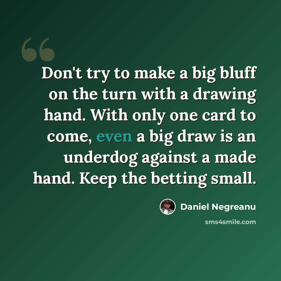 “Don't try to make a big bluff on the turn with a drawing hand. With only one card to come, even a big draw is an underdog against a made hand. Keep the betting small.” quote by Daniel Negreanu
