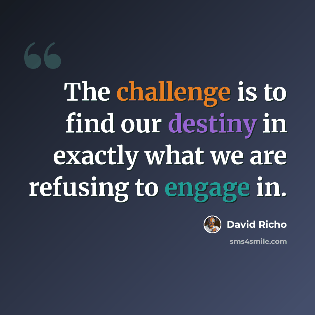 “The challenge is to find our destiny in exactly what we are refusing to engage in.” quote by David Richo