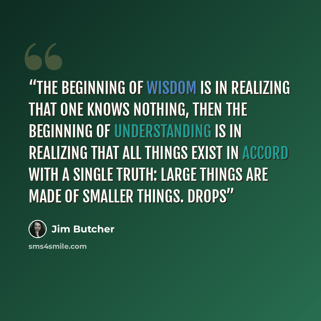 “the beginning of wisdom is in realizing that one knows nothing, then the beginning of understanding is in realizing that all things exist in accord with a single truth: Large things are made of smaller things. Drops” quote by Jim Butcher