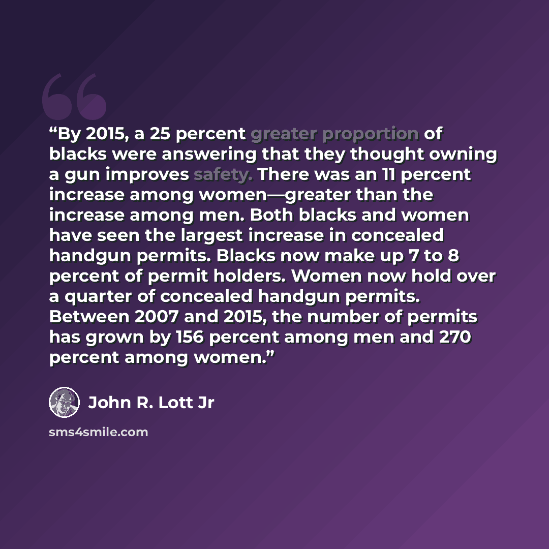 “By 2015, a 25 percent greater proportion of blacks were answering that they thought owning a gun improves safety. There was an 11 percent increase among women—greater than the increase among men. Both blacks and women have seen the largest increase in concealed handgun permits. Blacks now make up…” quote by John R. Lott Jr