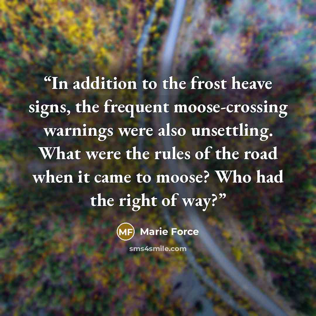 “In addition to the frost heave signs, the frequent moose-crossing warnings were also unsettling. What were the rules of the road when it came to moose? Who had the right of way?” quote by Marie Force