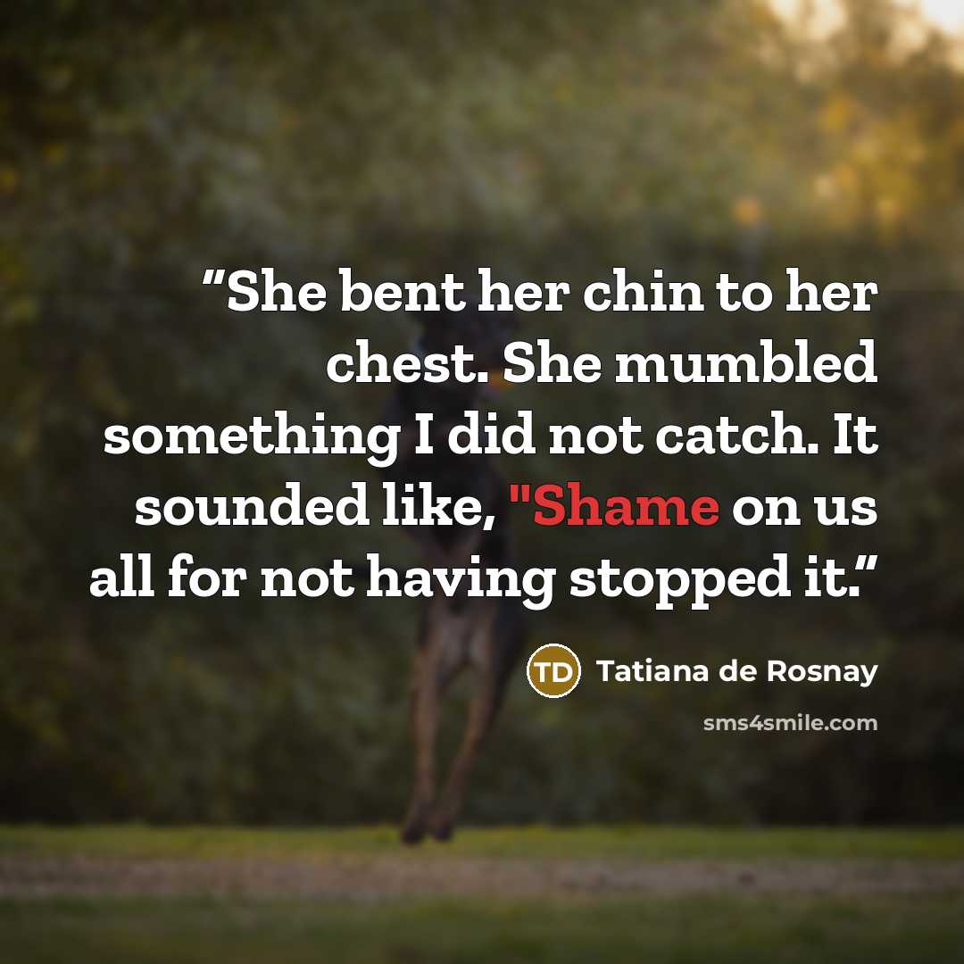 “She bent her chin to her chest. She mumbled something I did not catch. It sounded like, "Shame on us all for not having stopped it.” quote by Tatiana de Rosnay