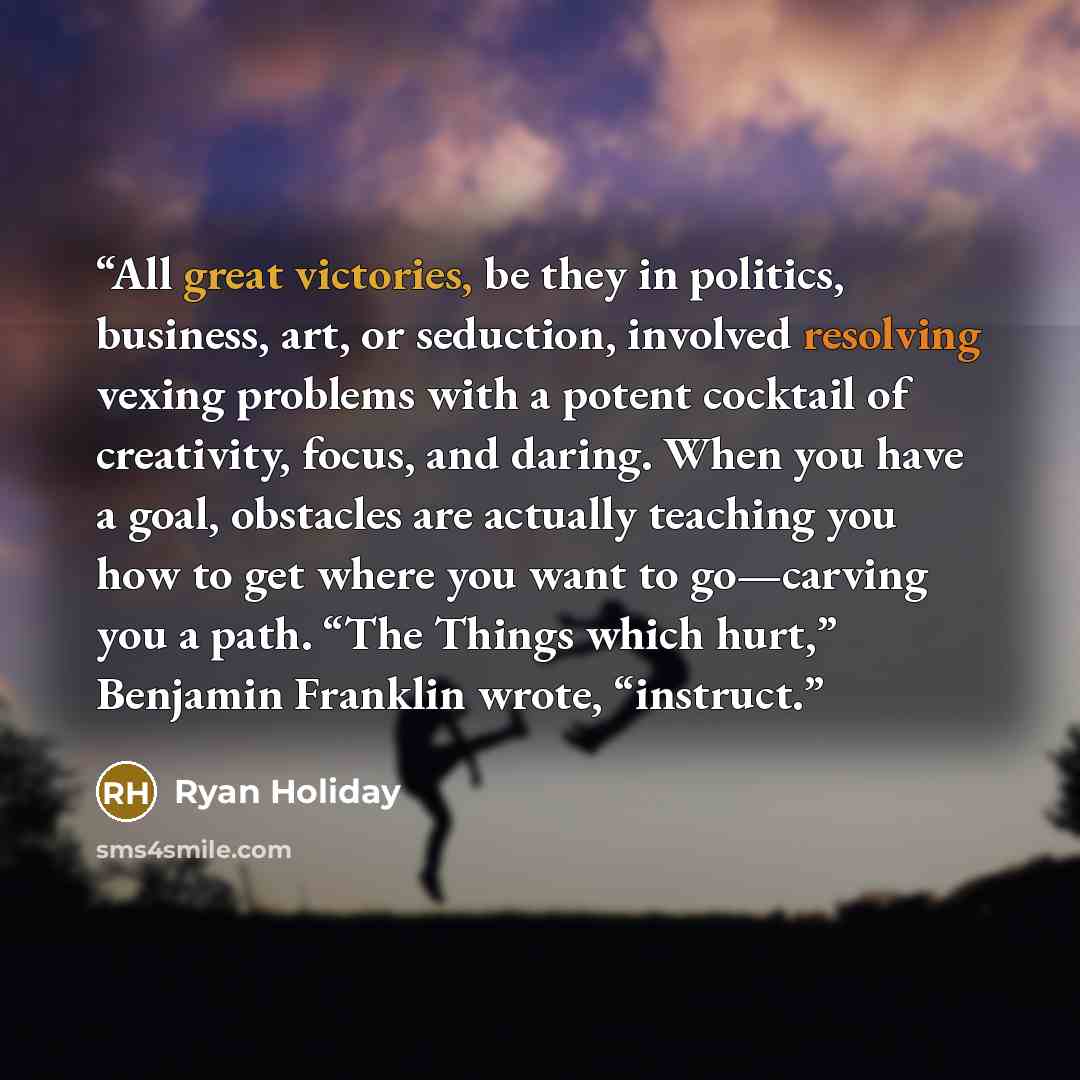 “All great victories, be they in politics, business, art, or seduction, involved resolving vexing problems with a potent cocktail of creativity, focus, and daring. When you have a goal, obstacles are actually teaching you how to get where you want to go—carving you a path. “The Things which hurt,”…” quote by Ryan Holiday