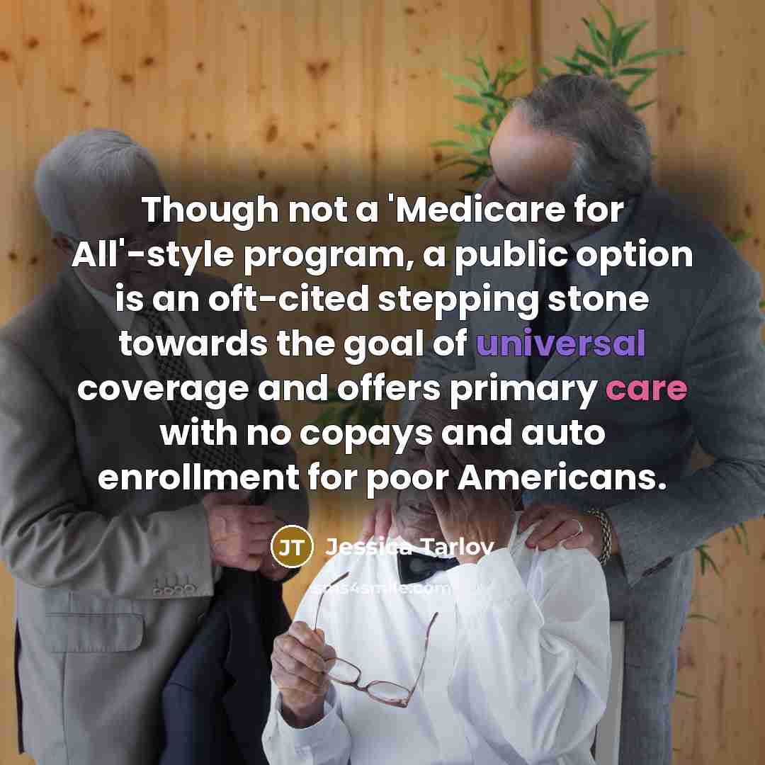 “Though not a 'Medicare for All'-style program, a public option is an oft-cited stepping stone towards the goal of universal coverage and offers primary care with no copays and auto enrollment for poor Americans.” quote by Jessica Tarlov