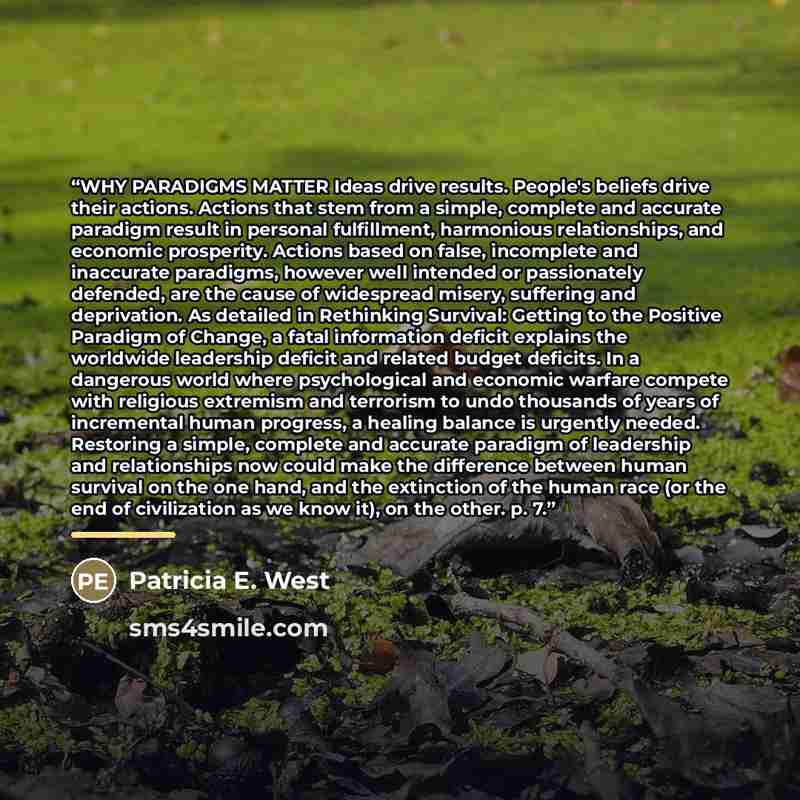 “WHY PARADIGMS MATTER Ideas drive results. People's beliefs drive their actions. Actions that stem from a simple, complete and accurate paradigm result in personal fulfillment, harmonious relationships, and economic prosperity. Actions based on false, incomplete and inaccurate paradigms, however…” quote by Patricia E. West