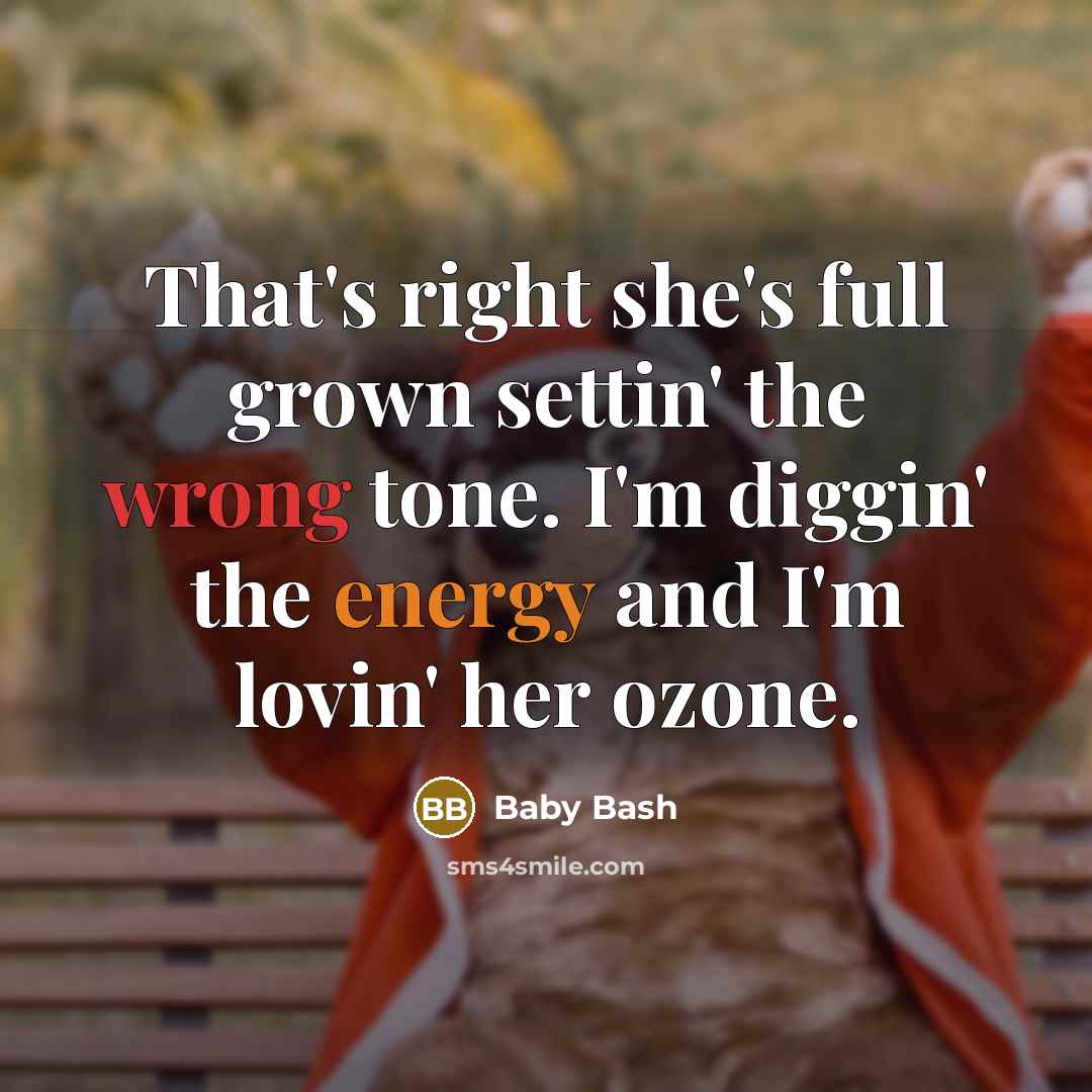 “That's right she's full grown settin' the wrong tone. I'm diggin' the energy and I'm lovin' her ozone.” quote by Baby Bash