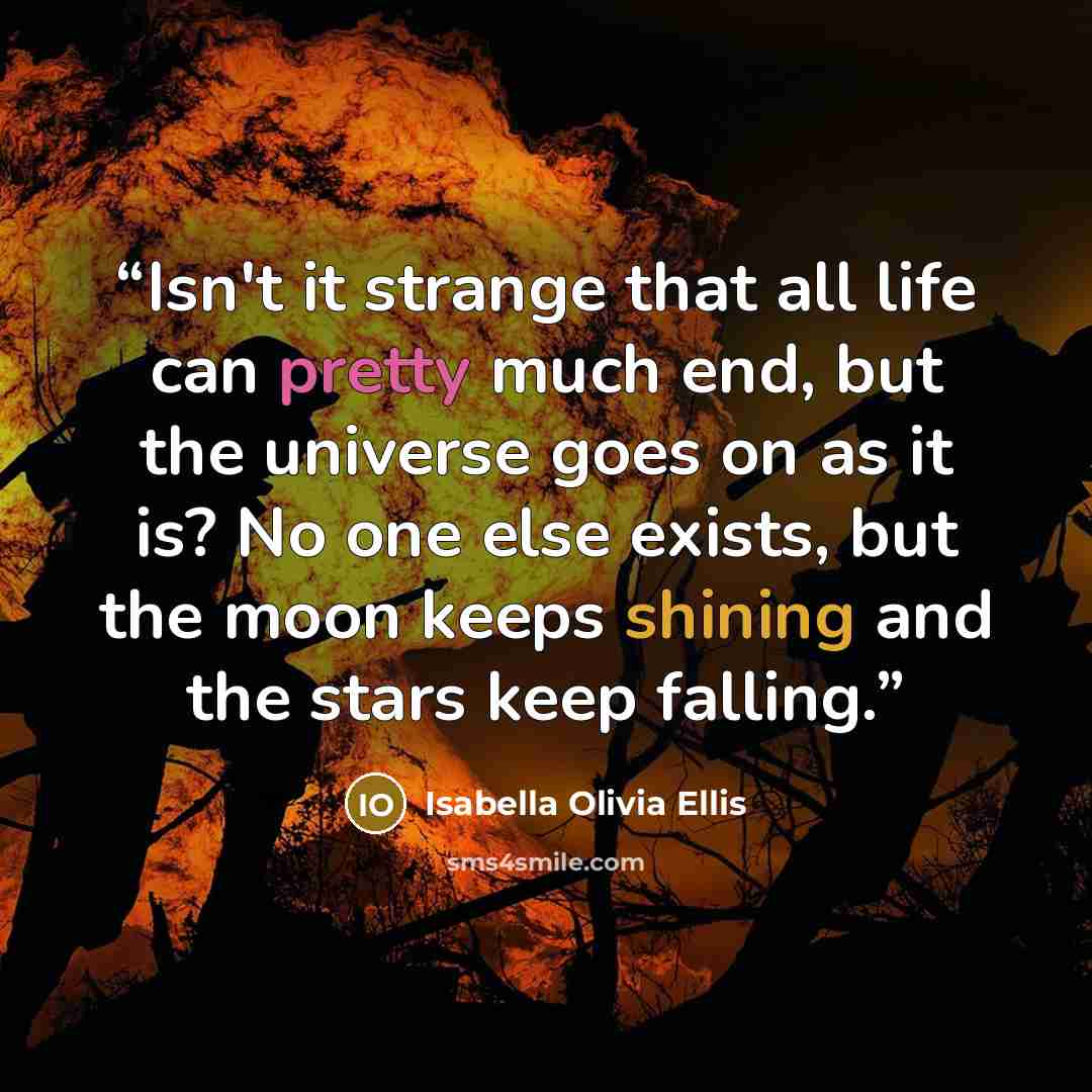 “Isn't it strange that all life can pretty much end, but the universe goes on as it is? No one else exists, but the moon keeps shining and the stars keep falling.” quote by Isabella Olivia Ellis