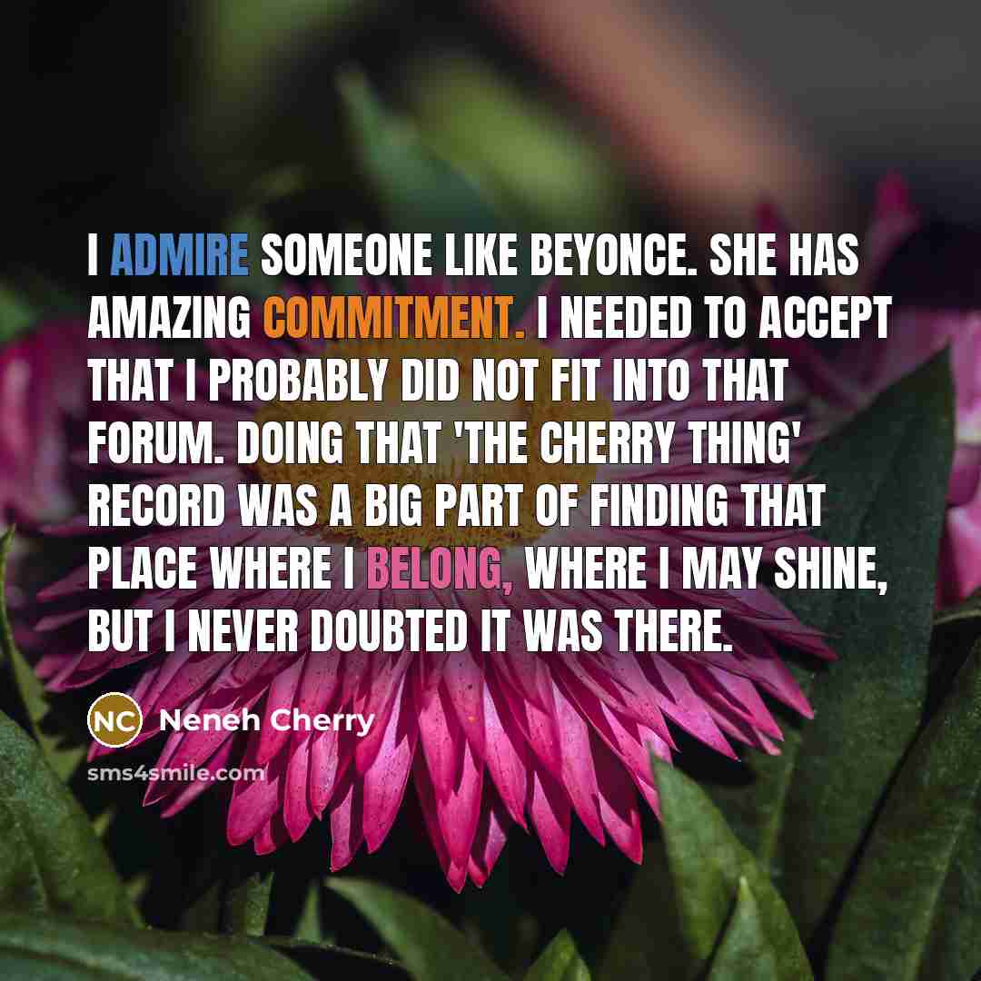 “I admire someone like Beyonce. She has amazing commitment. I needed to accept that I probably did not fit into that forum. Doing that 'The Cherry Thing' record was a big part of finding that place where I belong, where I may shine, but I never doubted it was there.” quote by Neneh Cherry