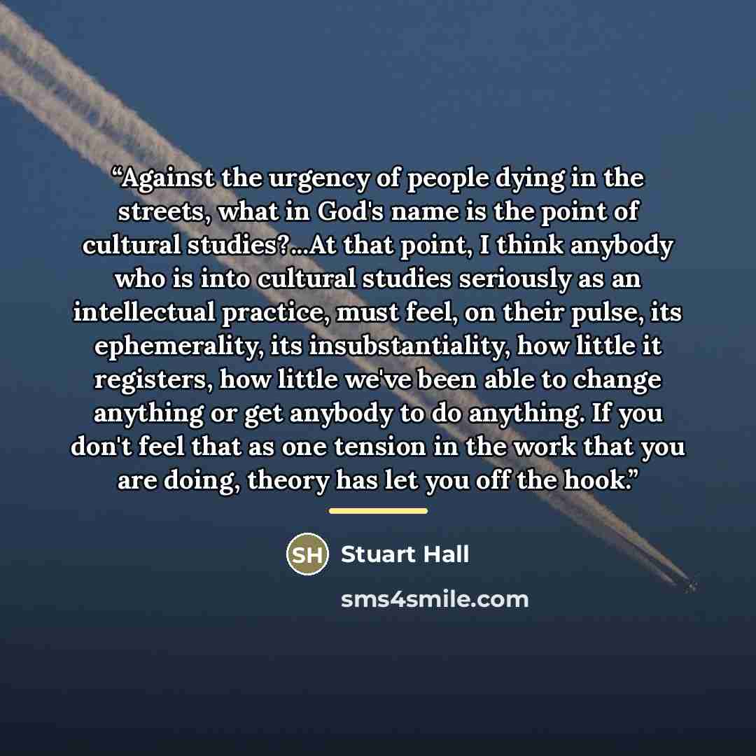 “Against the urgency of people dying in the streets, what in God's name is the point of cultural studies?...At that point, I think anybody who is into cultural studies seriously as an intellectual practice, must feel, on their pulse, its ephemerality, its insubstantiality, how little it registers…” quote by Stuart Hall