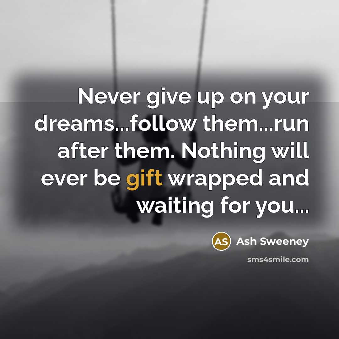“Never give up on your dreams...follow them...run after them. Nothing will ever be gift wrapped and waiting for you...” quote by Ash Sweeney