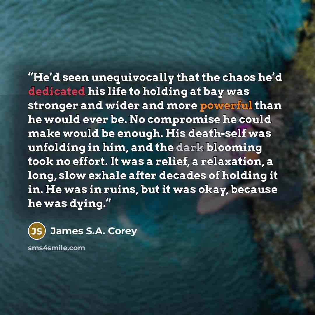 “He’d seen unequivocally that the chaos he’d dedicated his life to holding at bay was stronger and wider and more powerful than he would ever be. No compromise he could make would be enough. His death-self was unfolding in him, and the dark blooming took no effort. It was a relief, a relaxation, a…” quote by James S.A. Corey