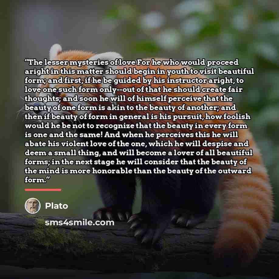 “The lesser mysteries of love For he who would proceed aright in this matter should begin in youth to visit beautiful form; and first, if he be guided by his instructor aright, to love one such form only--out of that he should create fair thoughts; and soon he will of himself perceive that the…” quote by Plato