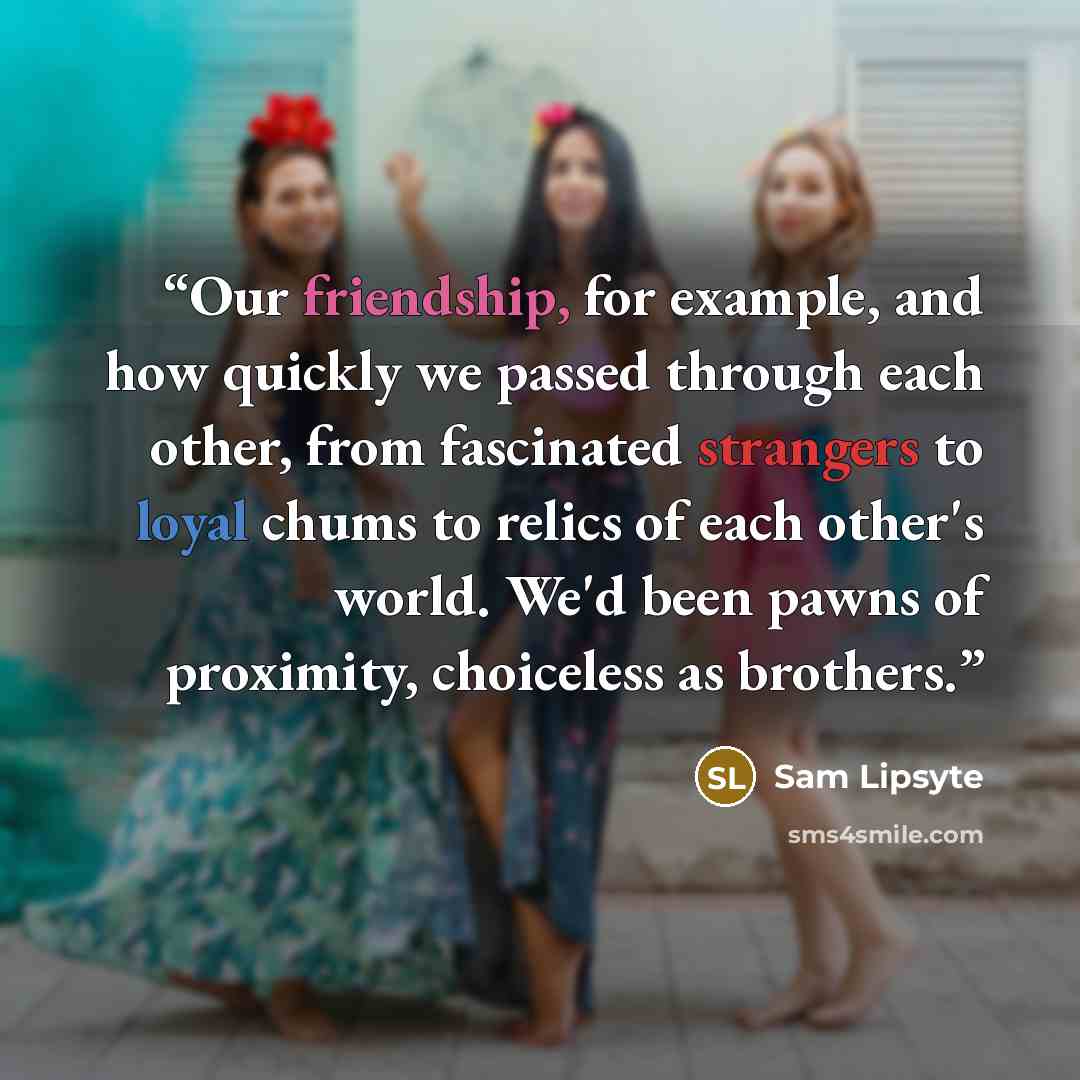 “Our friendship, for example, and how quickly we passed through each other, from fascinated strangers to loyal chums to relics of each other's world. We'd been pawns of proximity, choiceless as brothers.” quote by Sam Lipsyte