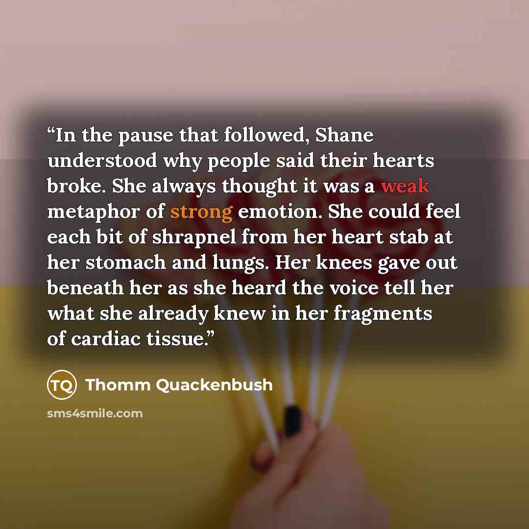 “In the pause that followed, Shane understood why people said their hearts broke. She always thought it was a weak metaphor of strong emotion. She could feel each bit of shrapnel from her heart stab at her stomach and lungs. Her knees gave out beneath her as she heard the voice tell her what she…” quote by Thomm Quackenbush