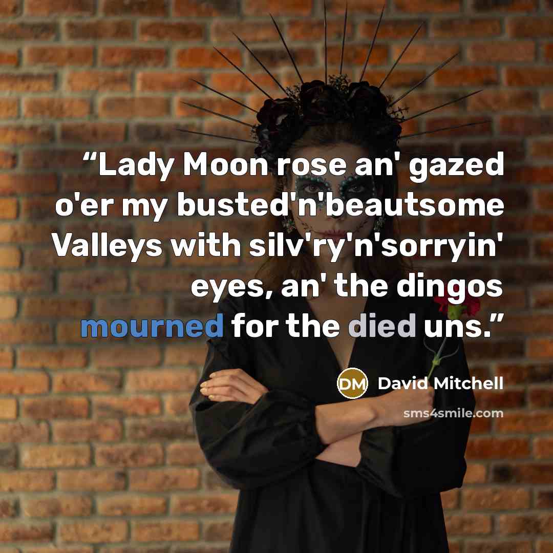 “Lady Moon rose an' gazed o'er my busted'n'beautsome Valleys with silv'ry'n'sorryin' eyes, an' the dingos mourned for the died uns.” quote by David Mitchell