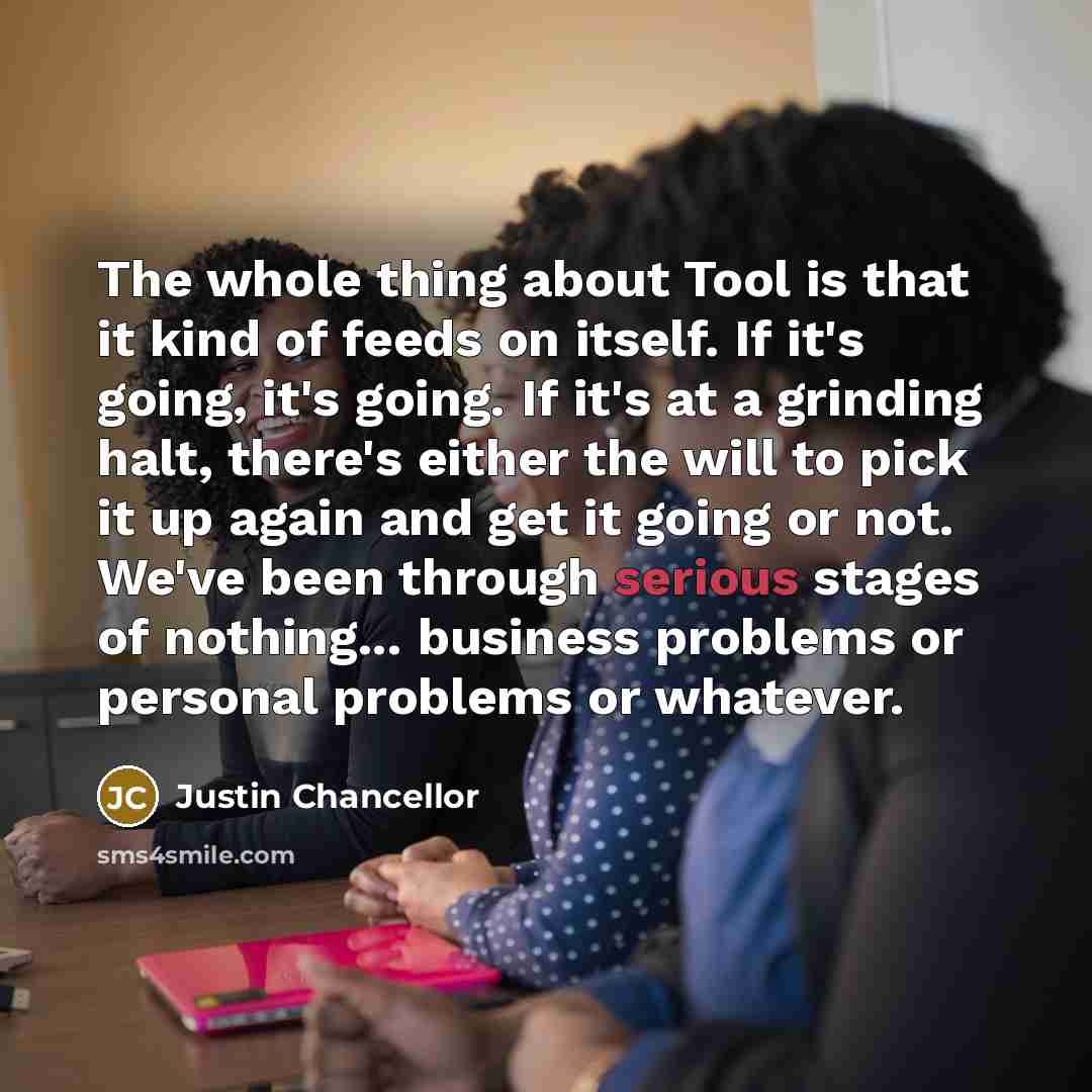 “The whole thing about Tool is that it kind of feeds on itself. If it's going, it's going. If it's at a grinding halt, there's either the will to pick it up again and get it going or not. We've been through serious stages of nothing... business problems or personal problems or whatever.” quote by Justin Chancellor