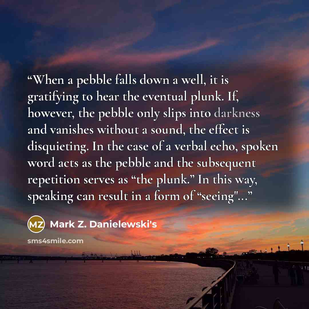 “When a pebble falls down a well, it is gratifying to hear the eventual plunk. If, however, the pebble only slips into darkness and vanishes without a sound, the effect is disquieting. In the case of a verbal echo, spoken word acts as the pebble and the subsequent repetition serves as “the plunk.”…” quote by Mark Z. Danielewski's