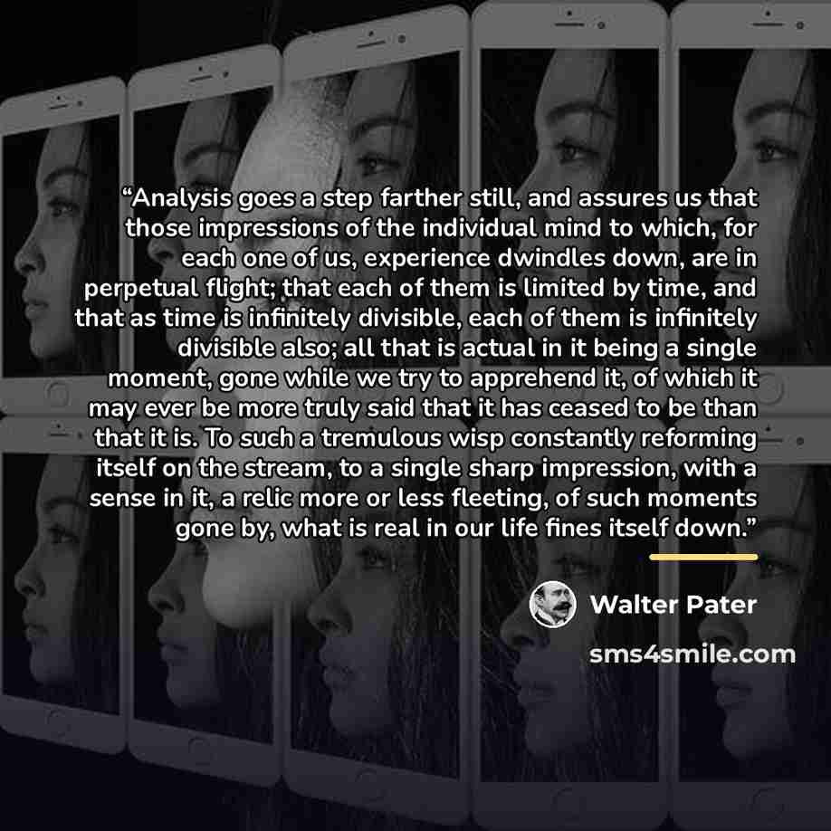 “Analysis goes a step farther still, and assures us that those impressions of the individual mind to which, for each one of us, experience dwindles down, are in perpetual flight; that each of them is limited by time, and that as time is infinitely divisible, each of them is infinitely divisible…” quote by Walter Pater