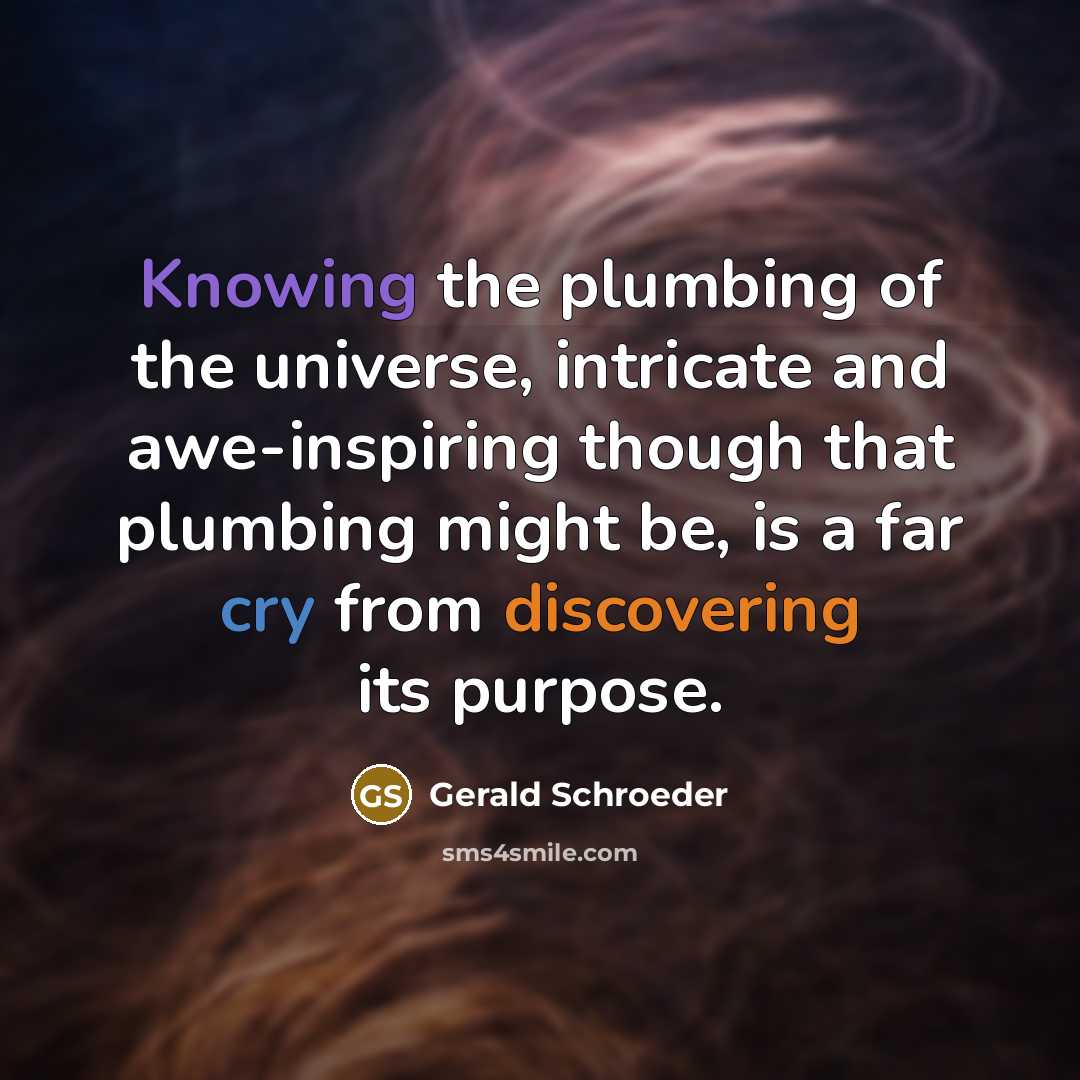 “Knowing the plumbing of the universe, intricate and awe-inspiring though that plumbing might be, is a far cry from discovering its purpose.” quote by Gerald Schroeder