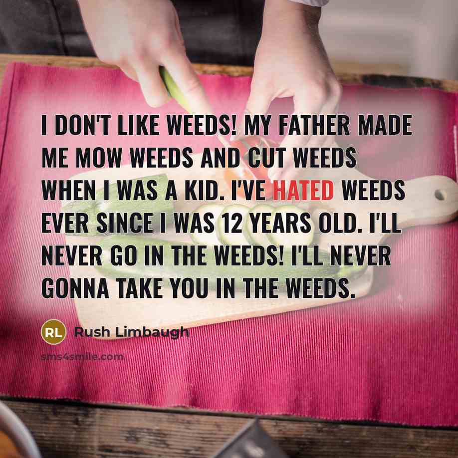 “I don't like weeds! My father made me mow weeds and cut weeds when I was a kid. I've hated weeds ever since I was 12 years old. I'll never go in the weeds! I'll never gonna take you in the weeds.” quote by Rush Limbaugh