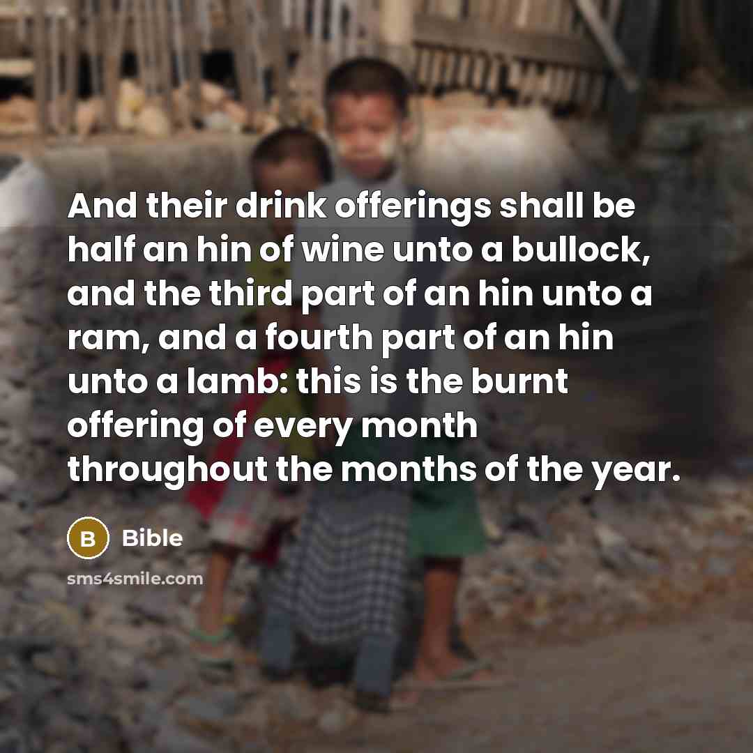 “And their drink offerings shall be half an hin of wine unto a bullock, and the third part of an hin unto a ram, and a fourth part of an hin unto a lamb: this is the burnt offering of every month throughout the months of the year.” quote by Bible