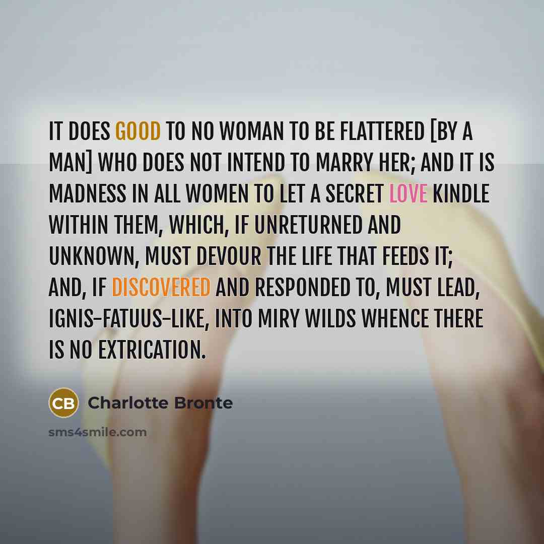 “It does good to no woman to be flattered [by a man] who does not intend to marry her; and it is madness in all women to let a secret love kindle within them, which, if unreturned and unknown, must devour the life that feeds it; and, if discovered and responded to, must lead, ignis-fatuus-like…” quote by Charlotte Bronte