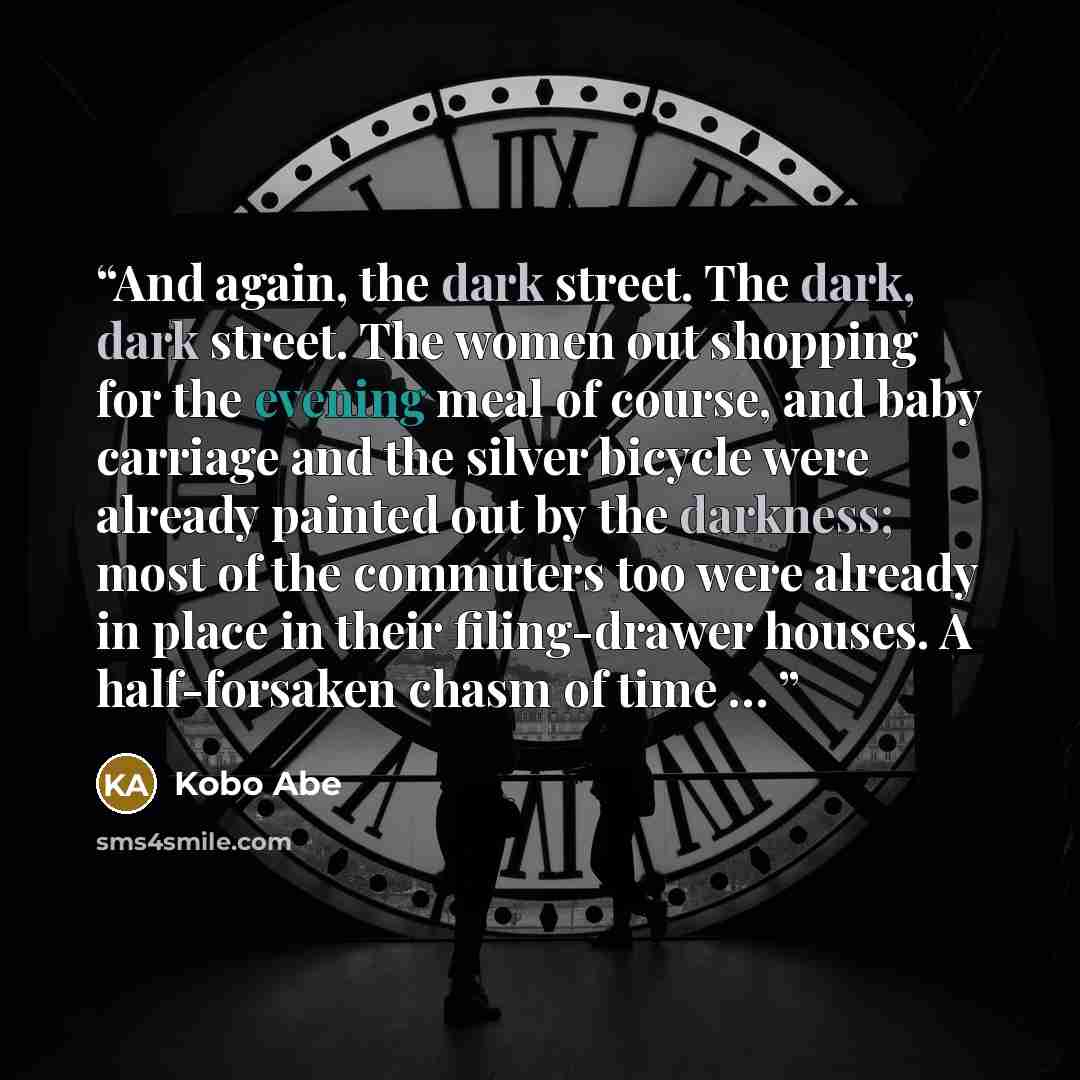 “And again, the dark street. The dark, dark street. The women out shopping for the evening meal of course, and baby carriage and the silver bicycle were already painted out by the darkness; most of the commuters too were already in place in their filing-drawer houses. A half-forsaken chasm of time …” quote by Kobo Abe