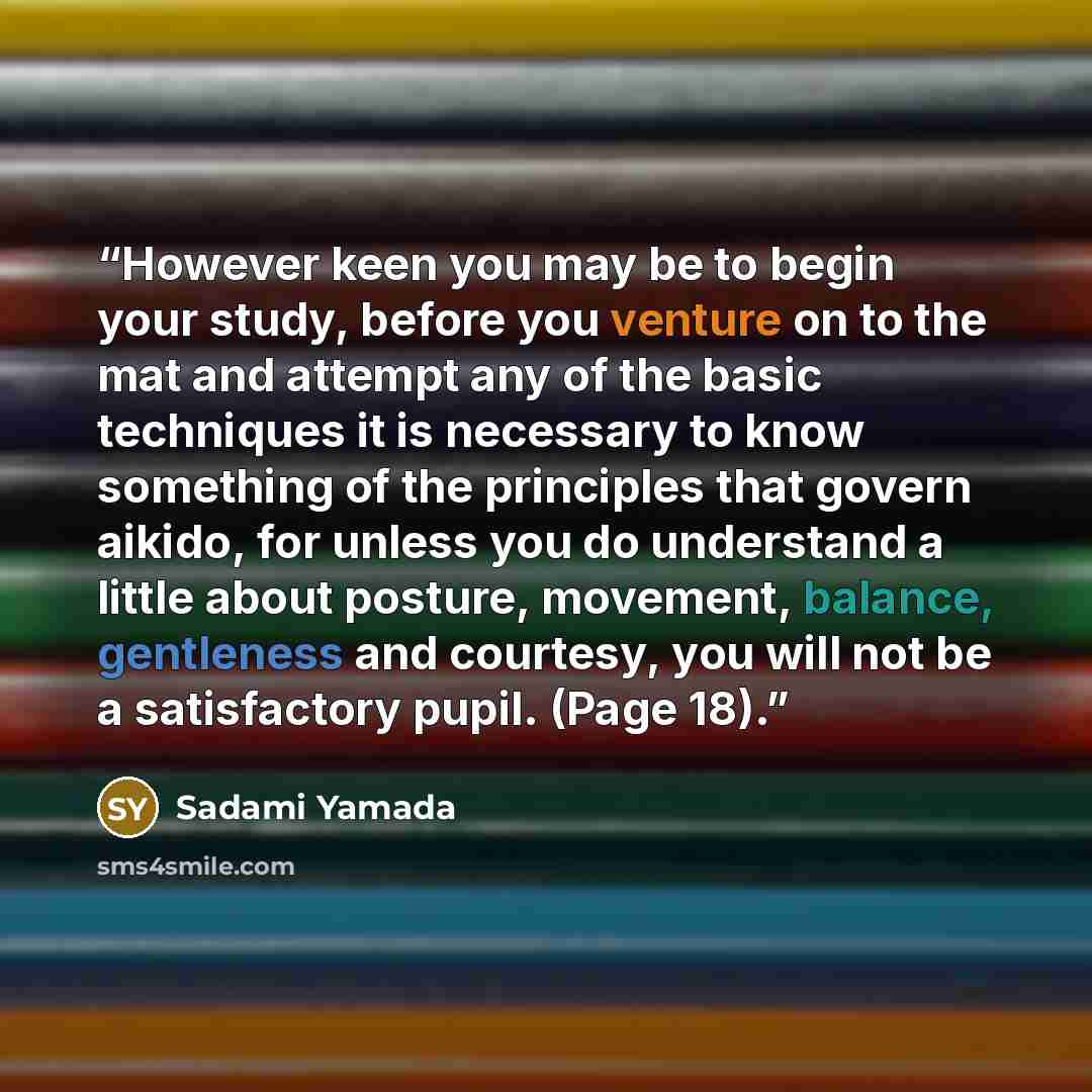 “However keen you may be to begin your study, before you venture on to the mat and attempt any of the basic techniques it is necessary to know something of the principles that govern aikido, for unless you do understand a little about posture, movement, balance, gentleness and courtesy, you will…” quote by Sadami Yamada