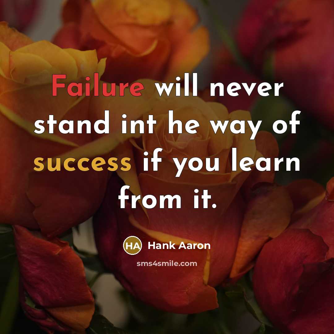 “Failure will never stand int he way of success if you learn from it.” quote by Hank Aaron