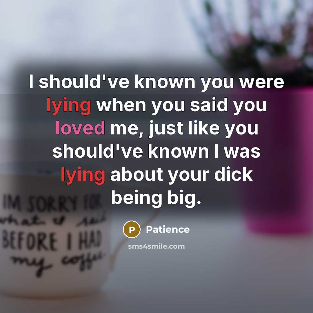 “I should've known you were lying when you said you loved me, just like you should've known I was lying about your dick being big.” quote by Patience