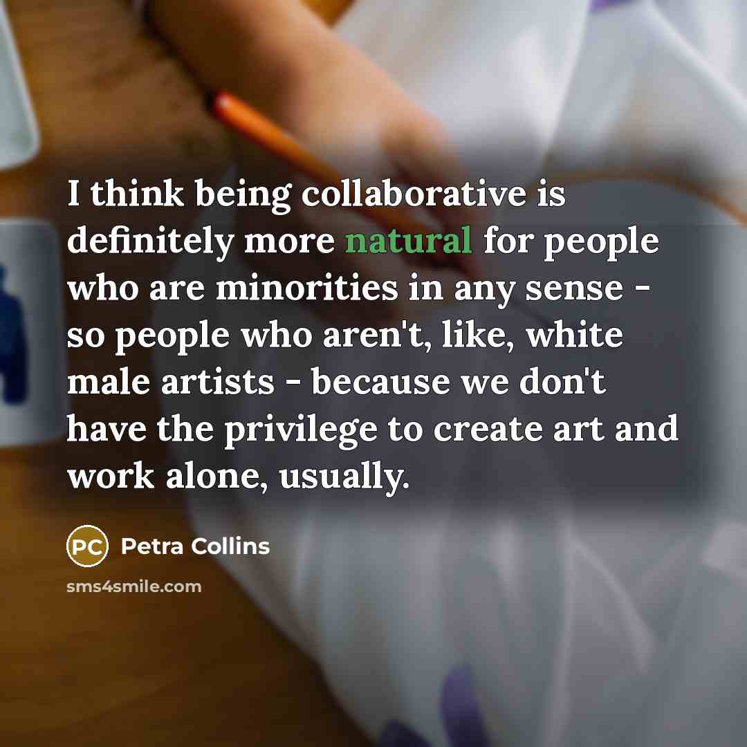 “I think being collaborative is definitely more natural for people who are minorities in any sense - so people who aren't, like, white male artists - because we don't have the privilege to create art and work alone, usually.” quote by Petra Collins