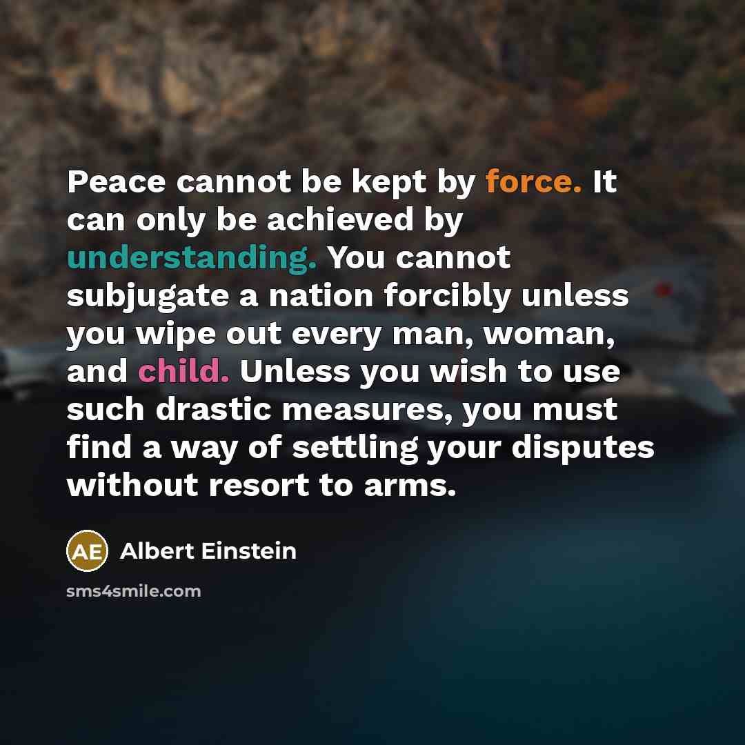 “Peace cannot be kept by force. It can only be achieved by understanding. You cannot subjugate a nation forcibly unless you wipe out every man, woman, and child. Unless you wish to use such drastic measures, you must find a way of settling your disputes without resort to arms.” quote by Albert Einstein
