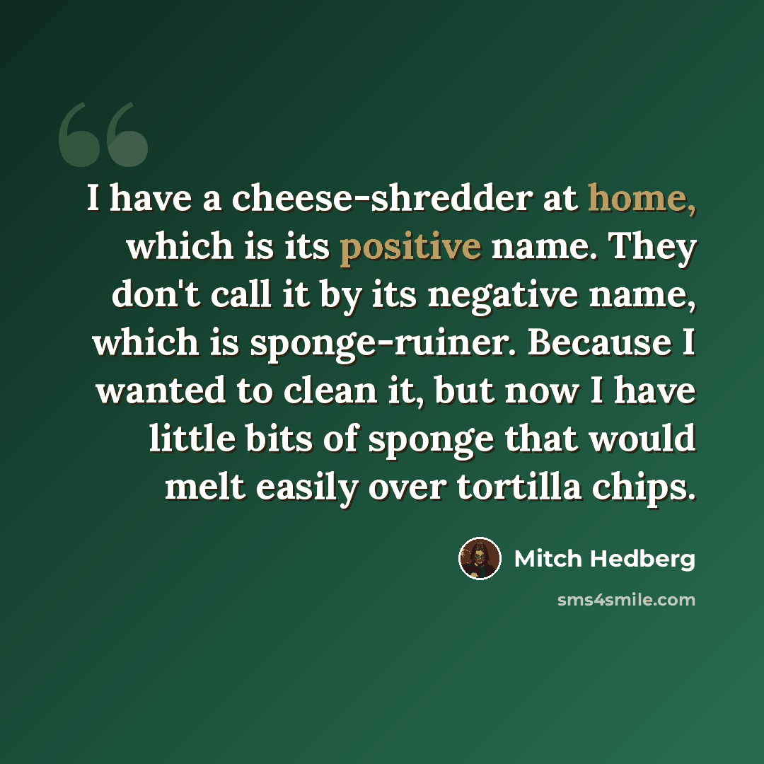 “I have a cheese-shredder at home, which is its positive name. They don't call it by its negative name, which is sponge-ruiner. Because I wanted to clean it, but now I have little bits of sponge that would melt easily over tortilla chips.” quote by Mitch Hedberg