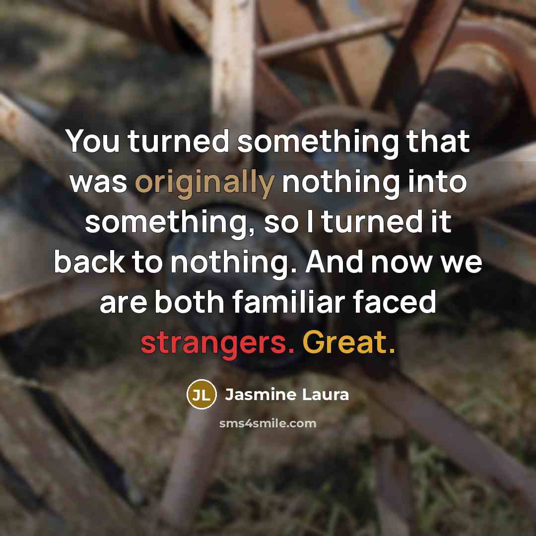 “You turned something that was originally nothing into something, so I turned it back to nothing. And now we are both familiar faced strangers. Great.” quote by Jasmine Laura