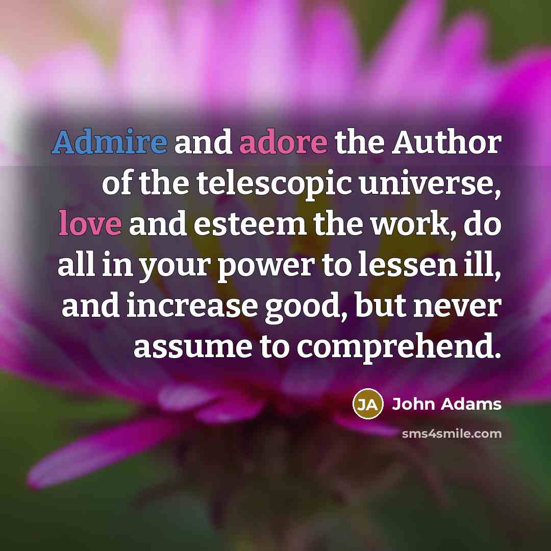 “Admire and adore the Author of the telescopic universe, love and esteem the work, do all in your power to lessen ill, and increase good, but never assume to comprehend.” quote by John Adams