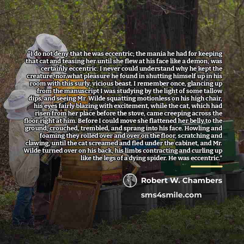 “I do not deny that he was eccentric; the mania he had for keeping that cat and teasing her until she flew at his face like a demon, was certainly eccentric. I never could understand why he kept the creature, nor what pleasure he found in shutting himself up in his room with this surly, vicious…” quote by Robert W. Chambers