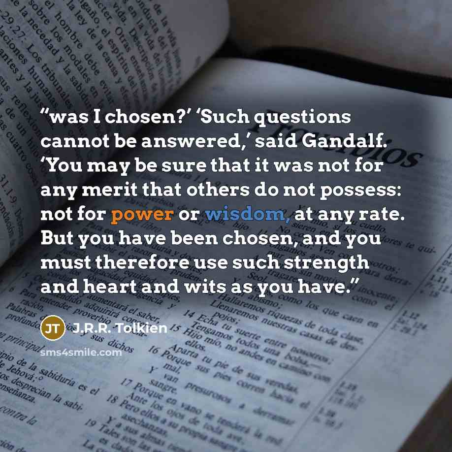 “was I chosen?’ ‘Such questions cannot be answered,’ said Gandalf. ‘You may be sure that it was not for any merit that others do not possess: not for power or wisdom, at any rate. But you have been chosen, and you must therefore use such strength and heart and wits as you have.” quote by J.R.R. Tolkien