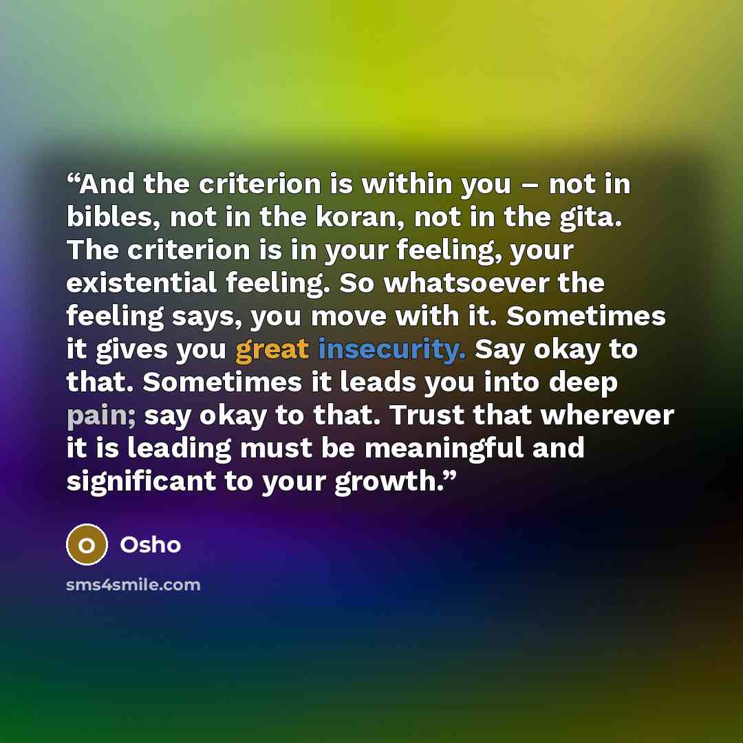 “And the criterion is within you – not in bibles, not in the koran, not in the gita. The criterion is in your feeling, your existential feeling. So whatsoever the feeling says, you move with it. Sometimes it gives you great insecurity. Say okay to that. Sometimes it leads you into deep pain; say…” quote by Osho
