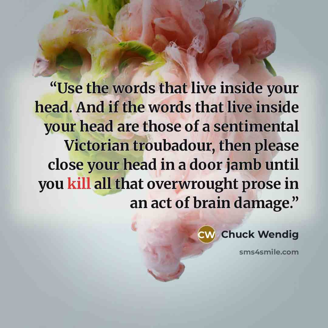 “Use the words that live inside your head. And if the words that live inside your head are those of a sentimental Victorian troubadour, then please close your head in a door jamb until you kill all that overwrought prose in an act of brain damage.” quote by Chuck Wendig