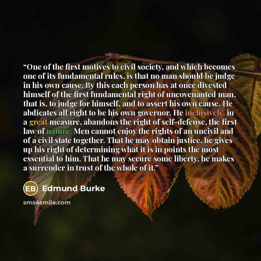 “One of the first motives to civil society, and which becomes one of its fundamental rules, is that no man should be judge in his own cause. By this each person has at once divested himself of the first fundamental right of uncovenanted man, that is, to judge for himself, and to assert his own…” quote by Edmund Burke
