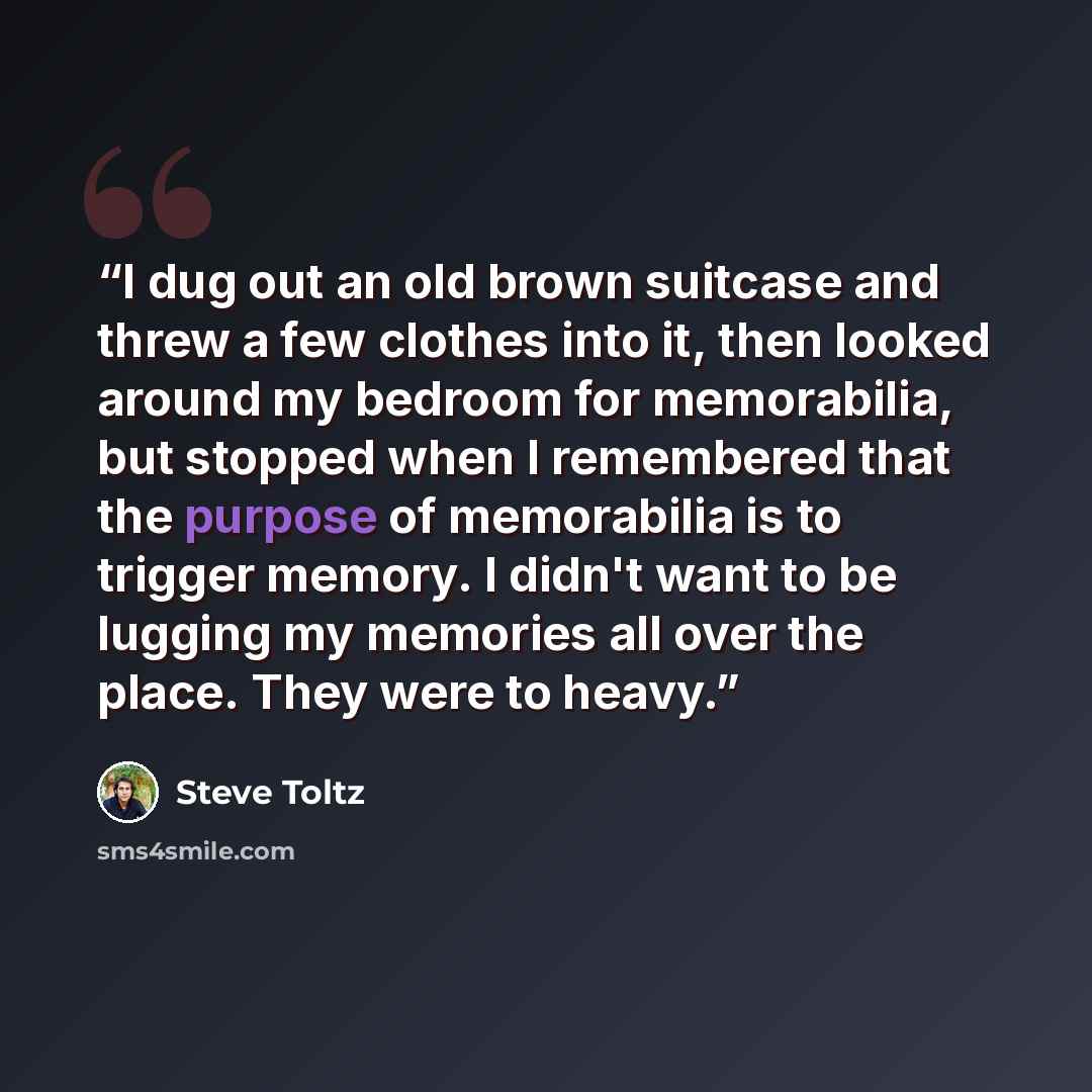 “I dug out an old brown suitcase and threw a few clothes into it, then looked around my bedroom for memorabilia, but stopped when I remembered that the purpose of memorabilia is to trigger memory. I didn't want to be lugging my memories all over the place. They were to heavy.” quote by Steve Toltz