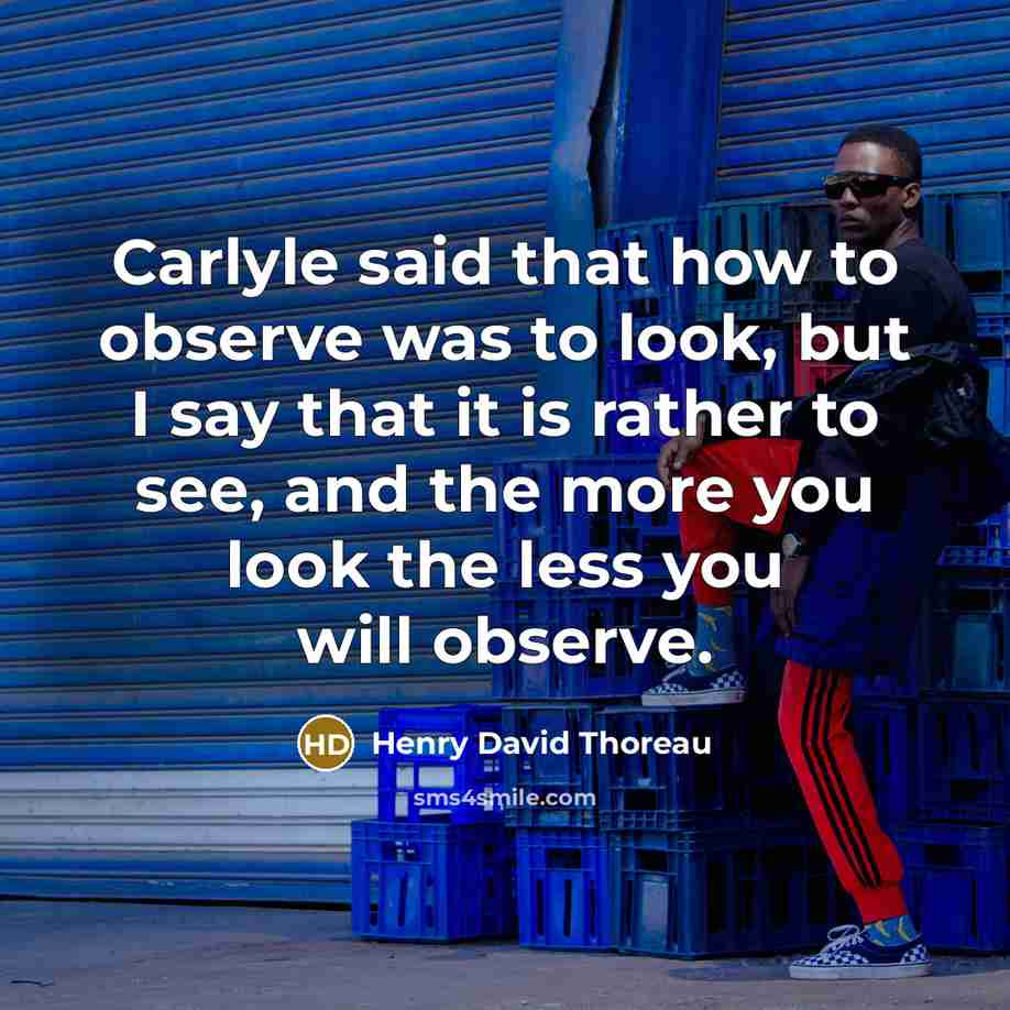 “Carlyle said that how to observe was to look, but I say that it is rather to see, and the more you look the less you will observe.” quote by Henry David Thoreau