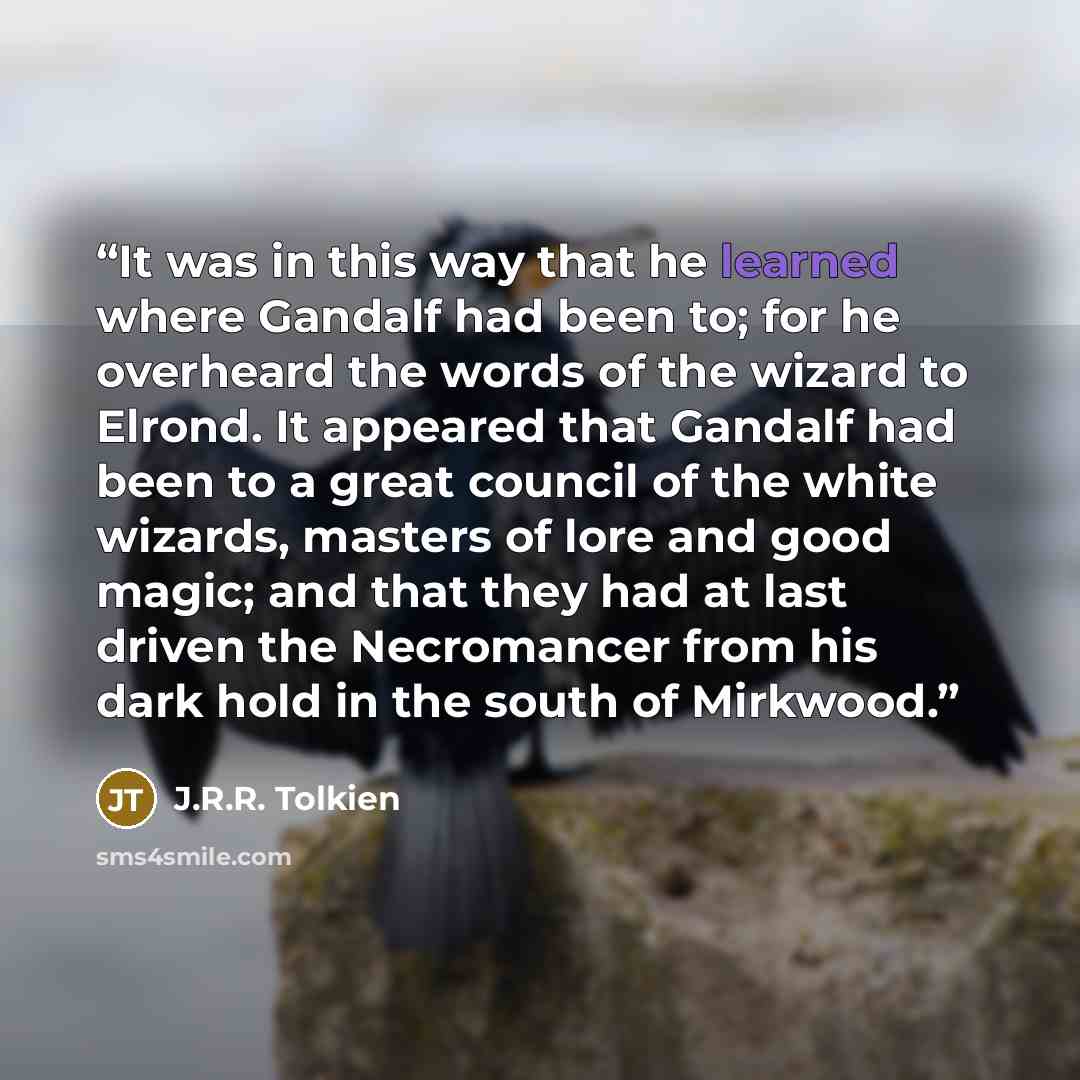 “It was in this way that he learned where Gandalf had been to; for he overheard the words of the wizard to Elrond. It appeared that Gandalf had been to a great council of the white wizards, masters of lore and good magic; and that they had at last driven the Necromancer from his dark hold in the…” quote by J.R.R. Tolkien