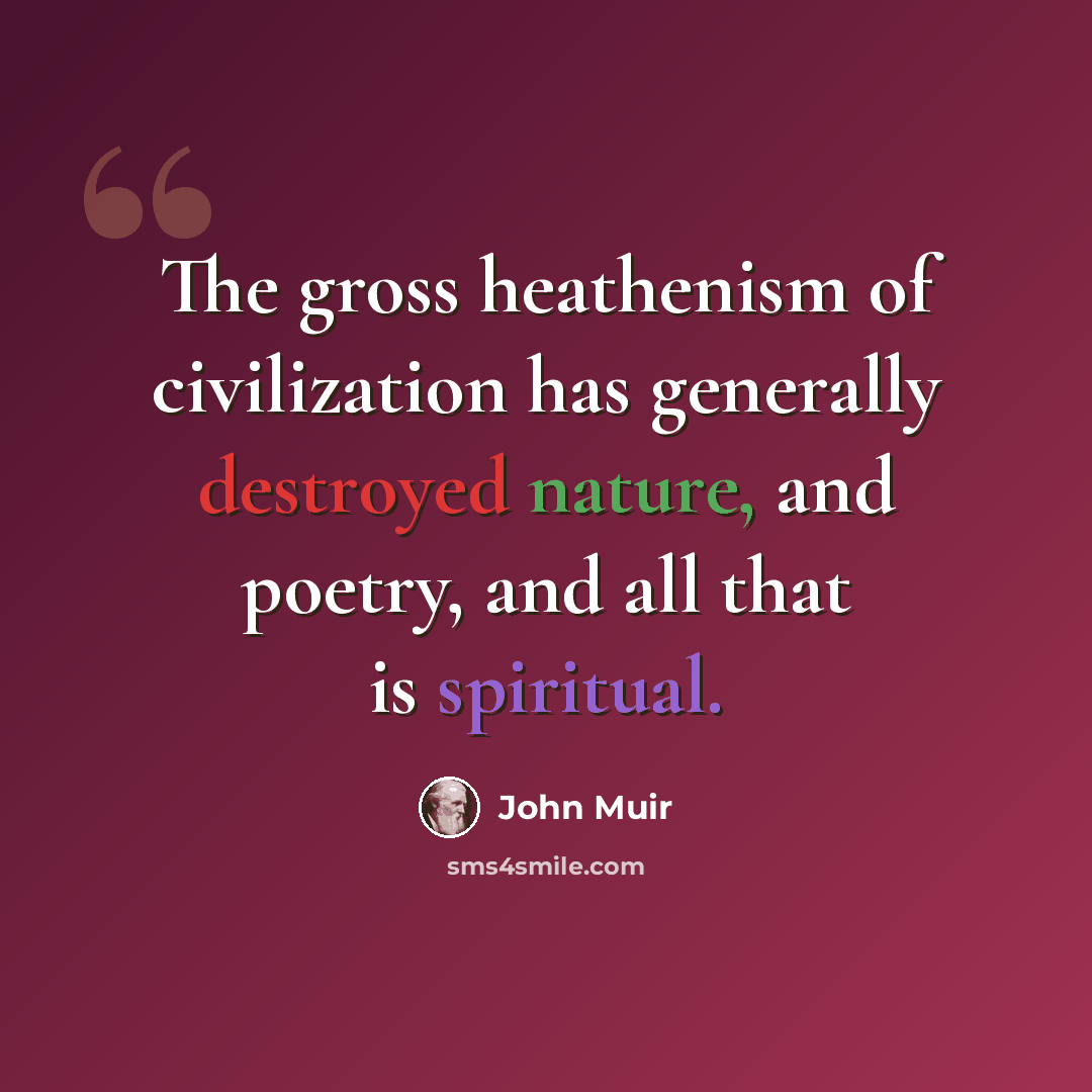 “The gross heathenism of civilization has generally destroyed nature, and poetry, and all that is spiritual.” quote by John Muir