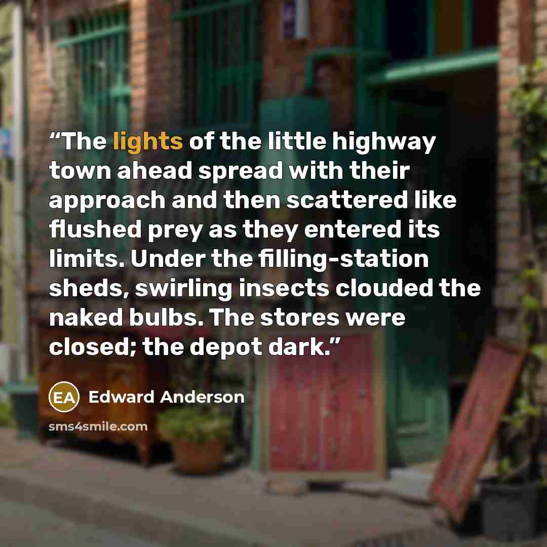 “The lights of the little highway town ahead spread with their approach and then scattered like flushed prey as they entered its limits. Under the filling-station sheds, swirling insects clouded the naked bulbs. The stores were closed; the depot dark.” quote by Edward Anderson